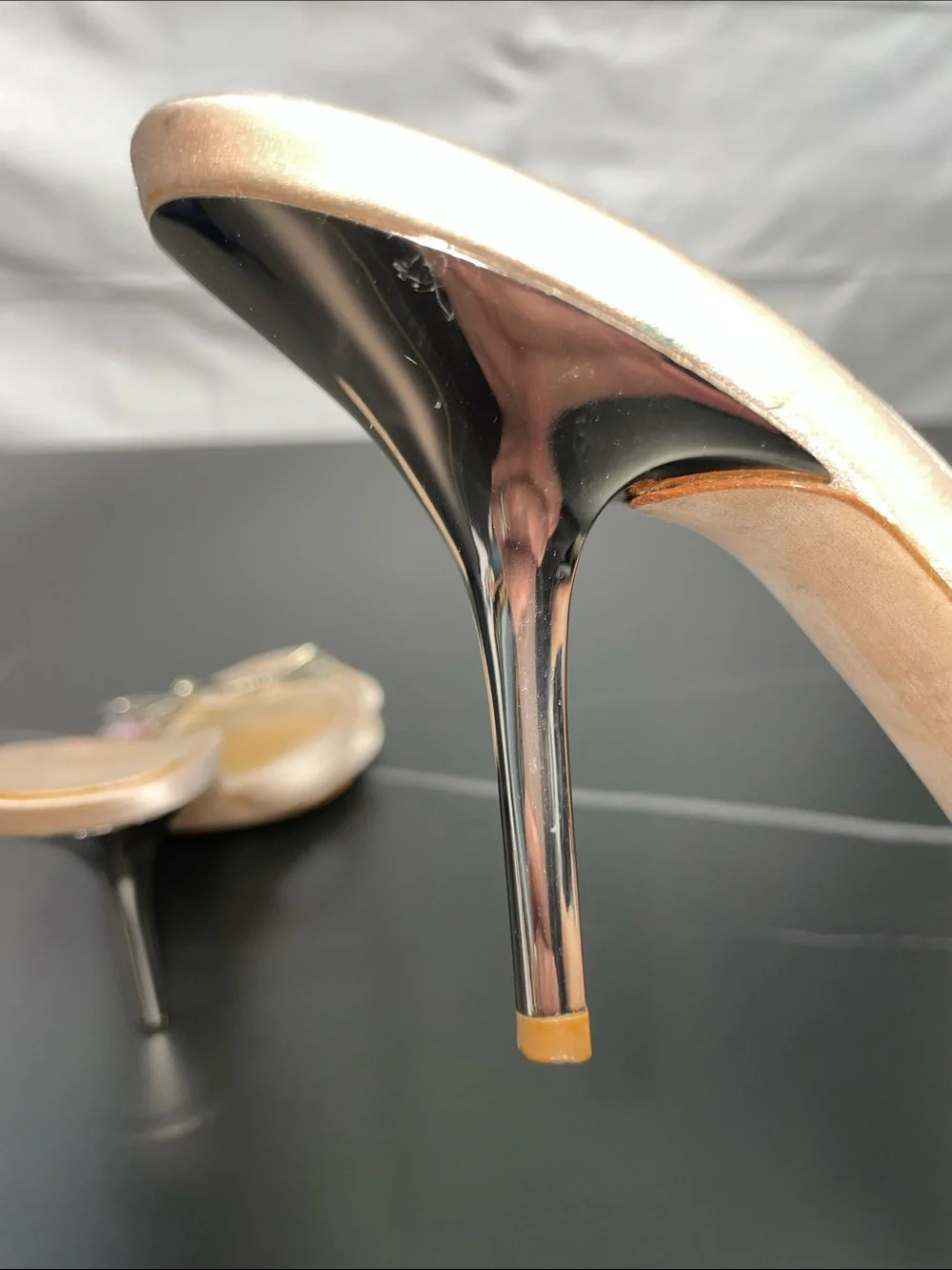 GUISEPPE ZANOTTI CRYSTAL AND SILVER TONE CHAMPAGNE SATIN HEEL MULES FTL-08-203